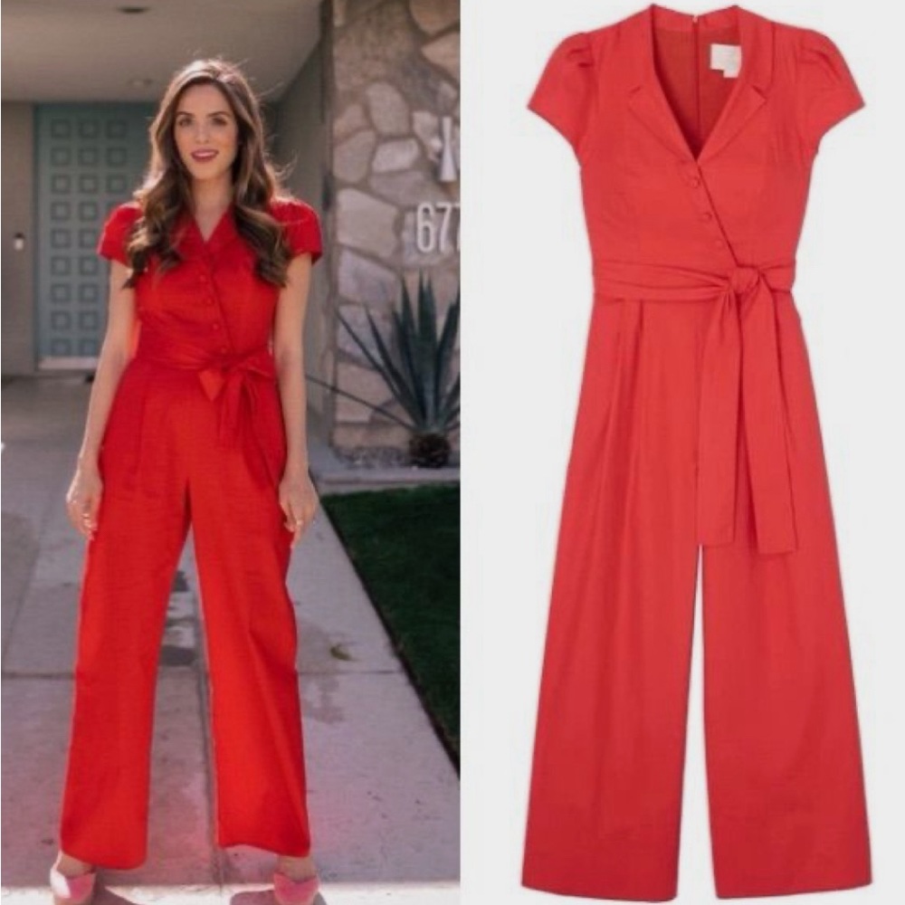 NWT Gal Meets Glam Camille Red Cotton Jumpsuit Size US 4 Small   111,112